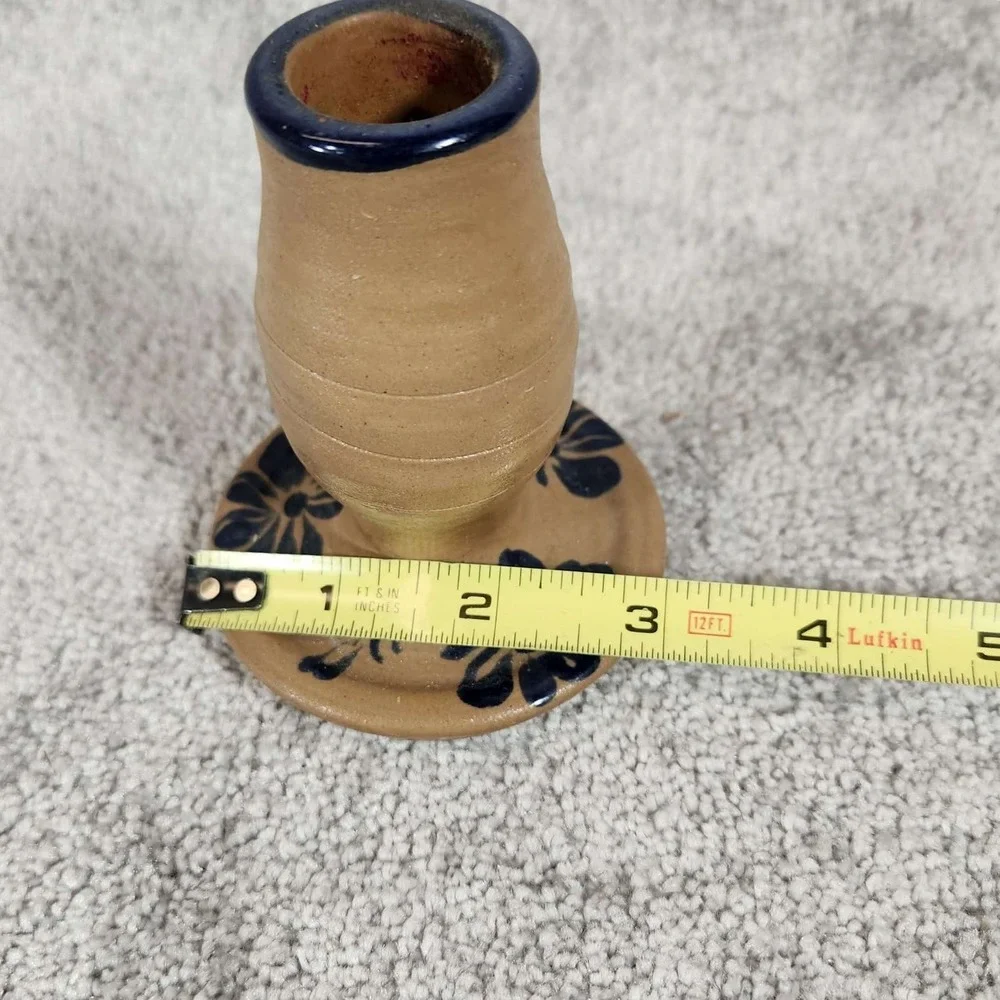 Pottery‎ Candlestick Holder Tan Blue Floral Salt Glaze Primitive